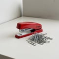 Red Swingline Stapler and Paperclips on a White Surface Royalty Free Stock Photo