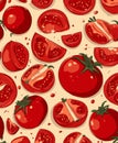 Bright red tomatoes various cuts and shapes create playful and vibrant pattern. composition showcases whole tomatoes, halved, and Royalty Free Stock Photo