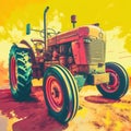 Retro Color Tractor Print On Yellow Background