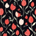 Bright Red Tulip Vector Pattern On Black Background Royalty Free Stock Photo