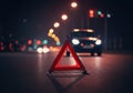 Red warning triangle on a dark road with blurred car lights in the background Royalty Free Stock Photo