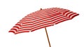 Bright red white striped beach umbrella isolated on pure white background Royalty Free Stock Photo