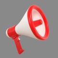 A bright red and white three-dimensional megaphone isolated on a gray background. 3d render