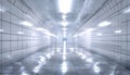 Bright and reflective underground corridor with tiled walls and illuminated ceiling lights Royalty Free Stock Photo