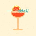 Bright retro cocktail drink glass with grapefruit and rosemary. Flat vector illustration