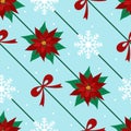 Bright retro winter diagonal seamless pattern with red poinsettia flowers, bows and snowflakes