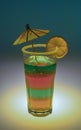 bright rich exotic cocktail in a tall glass with an umbrella and a piece of fruit on a colored background