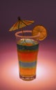 bright rich exotic cocktail in a tall glass with an umbrella and a piece of fruit on a colored background