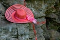 A bright and rich pink hat with a stripe pattern and a matching satin ribbon bow hangs