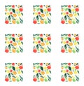 Bright ripe juicy pears orange green red and yellow colors with green leaves in square pattern watercolor