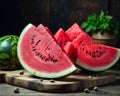 bright ripe juicy watermelon on a wooden table in a rustic style