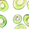 Bright ripe tasty delicious beautiful tropical summer desert kiwi fruit chopped and sliced pattern watercolor hand illustration Royalty Free Stock Photo