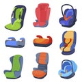 Bright road child seats from newborn to adolescent set isometric vector illustration