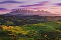 Bright rolling countryside in the evening light. Picturesque day and gorgeous scene in spring time. Carpathian mountains, Slovakia Royalty Free Stock Photo