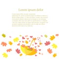 Bright romantic background with falling maple leaves, umbrella, love birds