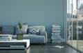 Bright room with grey sofa and table Royalty Free Stock Photo
