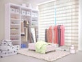 Bright room with a wardrobe and clothing.