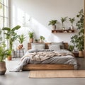 Bright room with wooden bed covered with grey bedding. Nordic interior design of bedroom with many green houseplants
