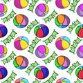 Bright round multicolored balls with festive garlands-flags, seamless square pattern
