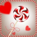 Bright round striped red brown lollipop with decorative cord. and blurred hearts in frame. Berry and chocolate candy on Royalty Free Stock Photo