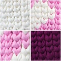 Bright samples of crochet stitches collage. Pink, white, Burgundy crochet textile pattern. Thick ribbon cotton yarn
