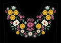 Bright satin stitch embroidery design with flowers. Folk line floral trendy pattern for dress neckline. Ethnic colorful