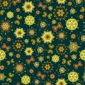 Bright saturated abstract pattern. Seamless vector with different yellow, green and brown elements on a dark green
