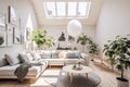 Bright Scandinavian style living area large white upholstered corner sofa scattered cushions small coffee table Generative AI