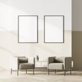 Bright scandinavian waiting room interior with two empty poster Royalty Free Stock Photo