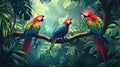 Bright Scarlet Macaws With Vibrant Feathers Resting On Tree Branches In A Tropical Jungle. Generative AI