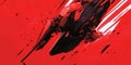 A bright scarlet red background featuring geometric, triangular shapes that overlap and form a