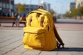 Bright school backpack in the schoolyard, learning concept