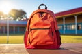 Bright school backpack in the schoolyard, learning concept