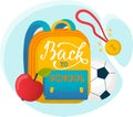 Bright school backpack text Back School, apple, soccer ball, whistle. Education theme, supplies