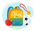 Bright school backpack with text Back to School , apple, soccer ball, and whistle. Education theme, school supplies