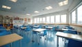 Bright school classroom with tables and chairs. Modern interior with large windows creating natural light. Education space Royalty Free Stock Photo