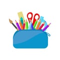 Bright school pencil case with the detection of school stationery records, pens, pencils, Royalty Free Stock Photo