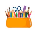 Bright school pencil case with filling school stationery such as pens, pencils, scissors, ruler, tassels. concept of September 1, Royalty Free Stock Photo