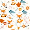 Bright seamless autumn pattern with autumn elements fox, pumpkin, flowers Royalty Free Stock Photo