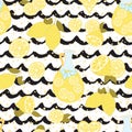 Bright seamless background with yellow lemon slice, lemonade and black grunge hand drawn waves. Royalty Free Stock Photo