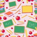 Bright Seamless BacktoSchool Pattern with Pencils, Apples, Chalkboards, and Books Royalty Free Stock Photo