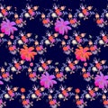 Bright seamless floral pattern with poppies, roses, daisies, bell and cosmos flowers in watercolor style on dark blue background.