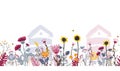 Bright seamless meadow border with beehives, bees, and flowers. Vector. Apiary concept.