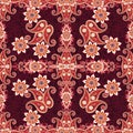 Bright seamless ornament with decorative border, paisley and mandala flowers on dark lace background. Tapestry, print for fabric. Royalty Free Stock Photo