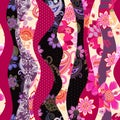 Bright seamless ornament from wavy patches with flowers and paisley. Crimson, black, pale yellow patches with patterns