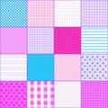 Bright seamless patchwork background with different patterns. Pink, blue, white colors.