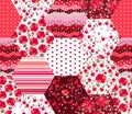 Bright seamless patchwork pattern in red colors. Patches with floral and geometric ornament. Trendy quilt design