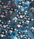 Patchwork pattern from textile with flowers, leaves and cups with tea. Seamless design in dark blue tones. Print for fabric Royalty Free Stock Photo