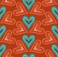 Bright Seamless Pattern With Abstract Colorful Layered Hand Draw Doodle Hearts. Positive Vector Background In Red And Blue Colors