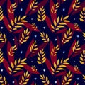 Bright seamless pattern. Autumn yellow and red leaves on a dark blue background. Hand-drawn natural pattern. Decorative background Royalty Free Stock Photo